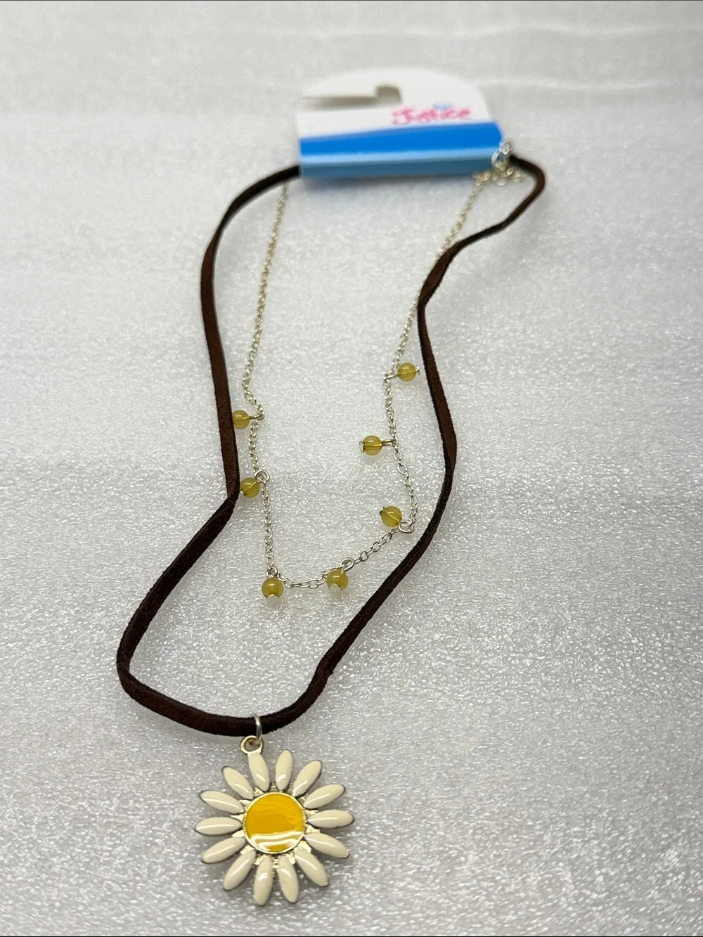 Justice Brown Suede Layered Necklace with Yellow Daisy Pendant. NEW